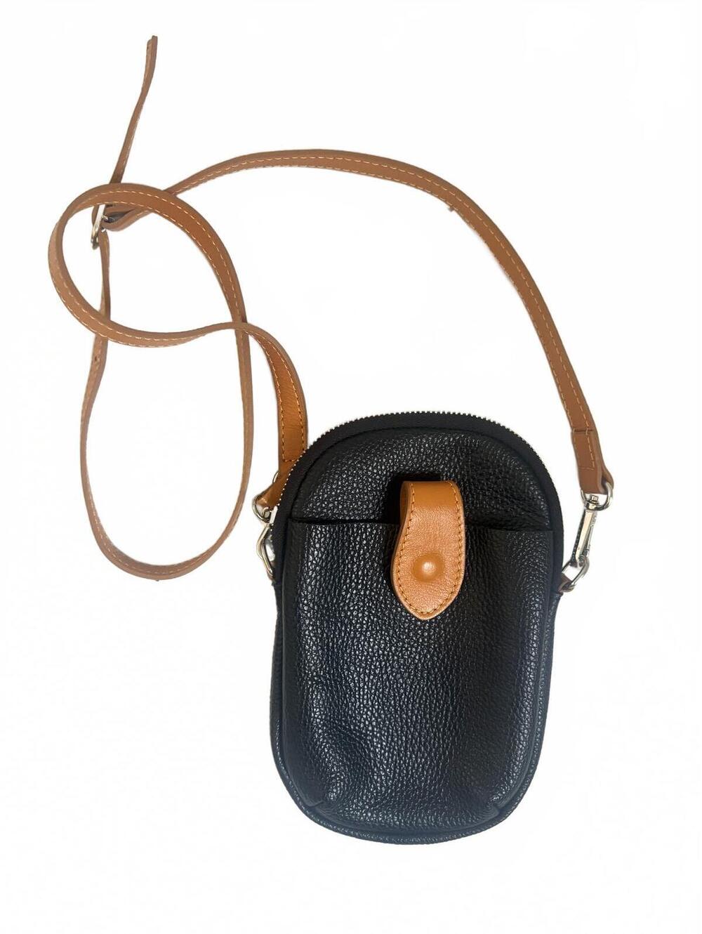 Divina Firenze | Italian Soft Pebbled Leather Compact Black Camel Crossbody Bag